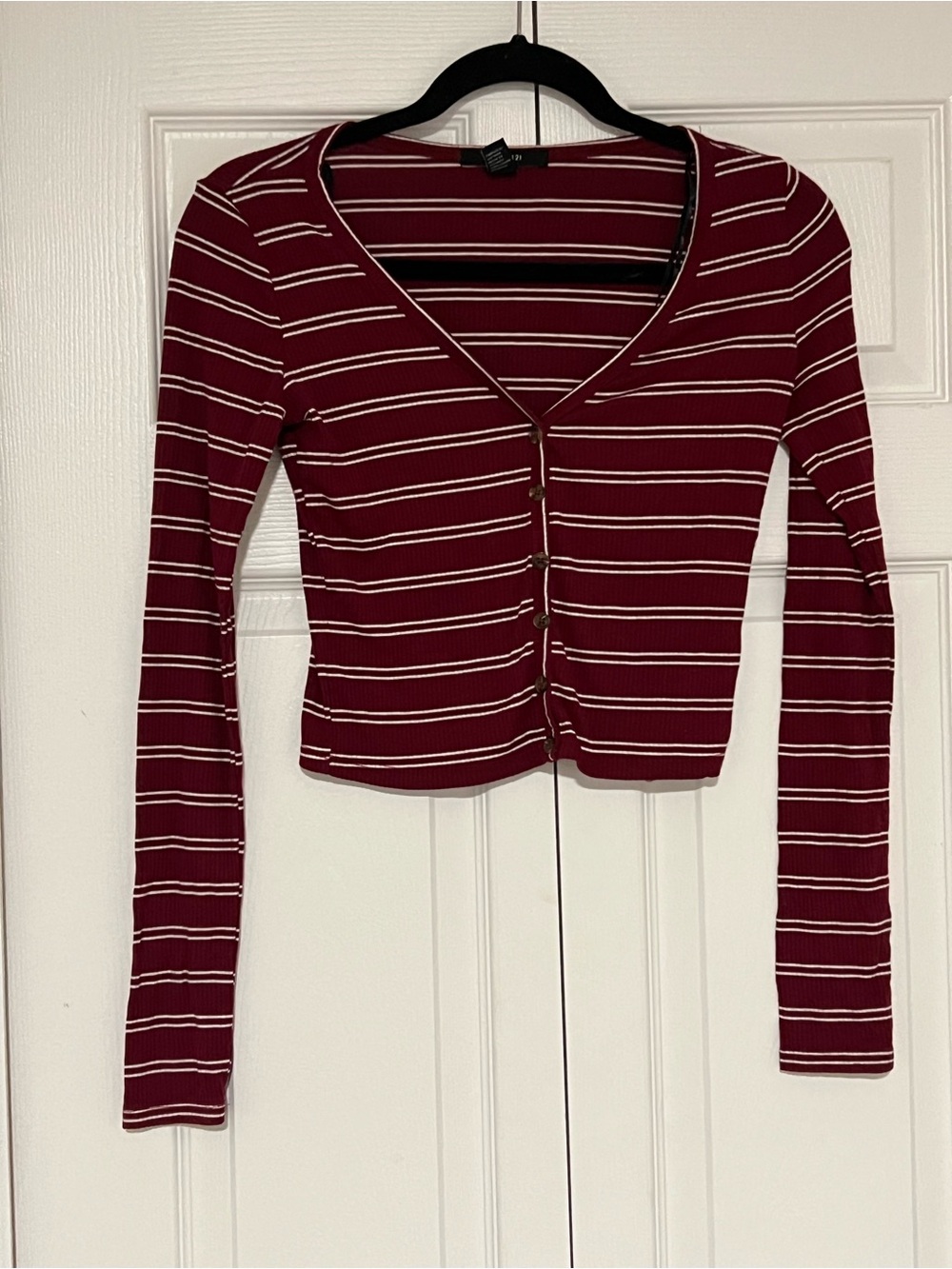 Forever 21 Burgundy and White Striped Long-Sleeve Button Crop Top